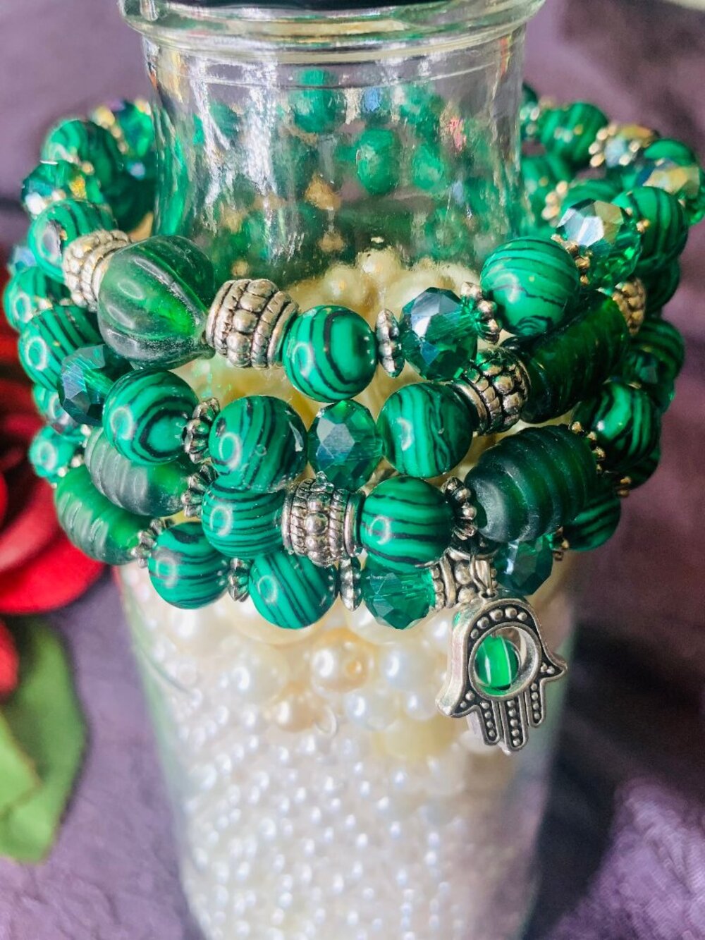 Evil Eye Charm, Green Malachite & Electroplated Glass Bead Bracelet Set